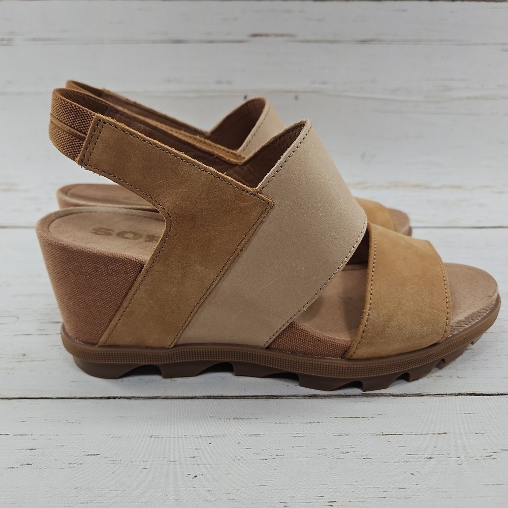 Sorel Joanie II Sandals‎ Womens 8.5 Brown Tan Leather Strappy Platform Wedge Lug - Picture 4 of 9